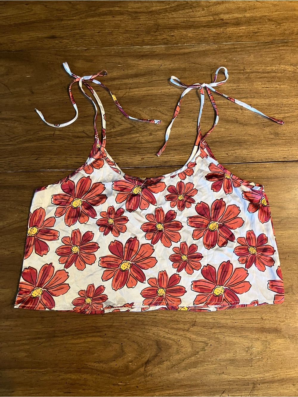 Floral Tie-Shoulder Crop Top - Red Daisy Print